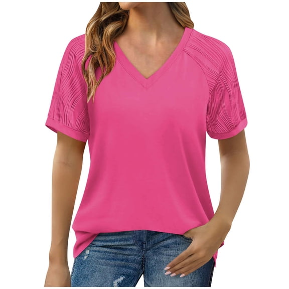 WIZUTIZ Womens Shirts up to 50% Off Oversize Vintage Loose Fit Shirts V-Neck Ladies Blouse Work Out Short Sleeve Fluffy Tee Elegant Retro Linen Tshirts Tops Summer-Beach Plus Solid Tshirt T-shirt