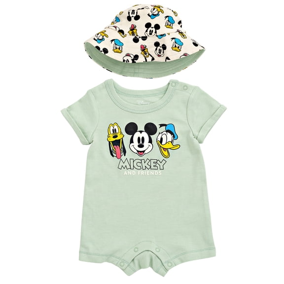 Disney Mickey Mouse and Friends Romper and Reversible Sun Hat Set Light Green