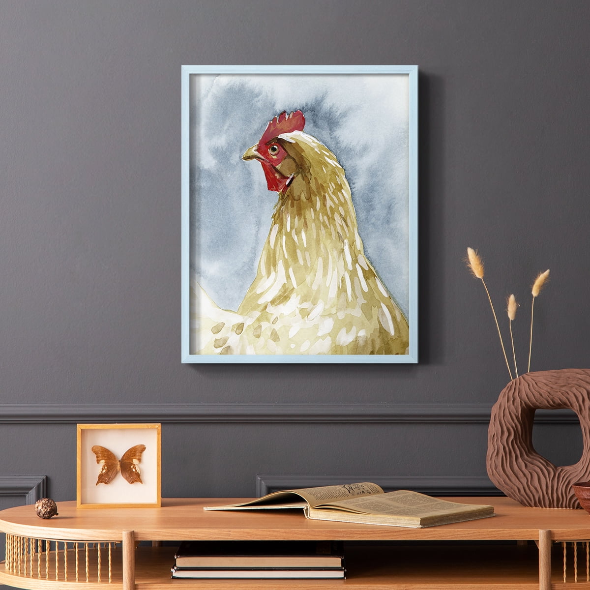 Chicken Portrait I Framed Print in Blue Solid Wood Framed Print No Nail Hanging