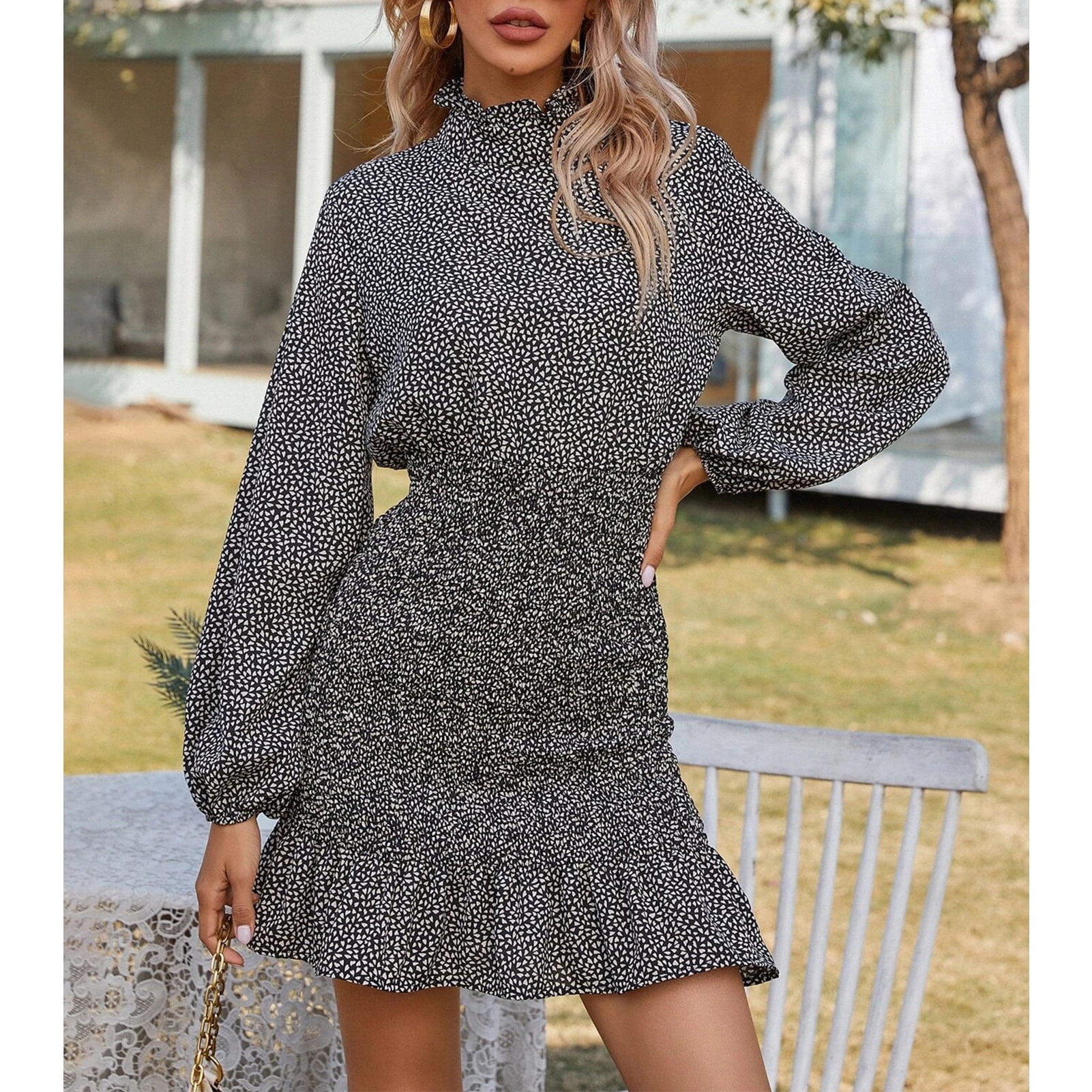 High neck long sleeve floral dress outlet