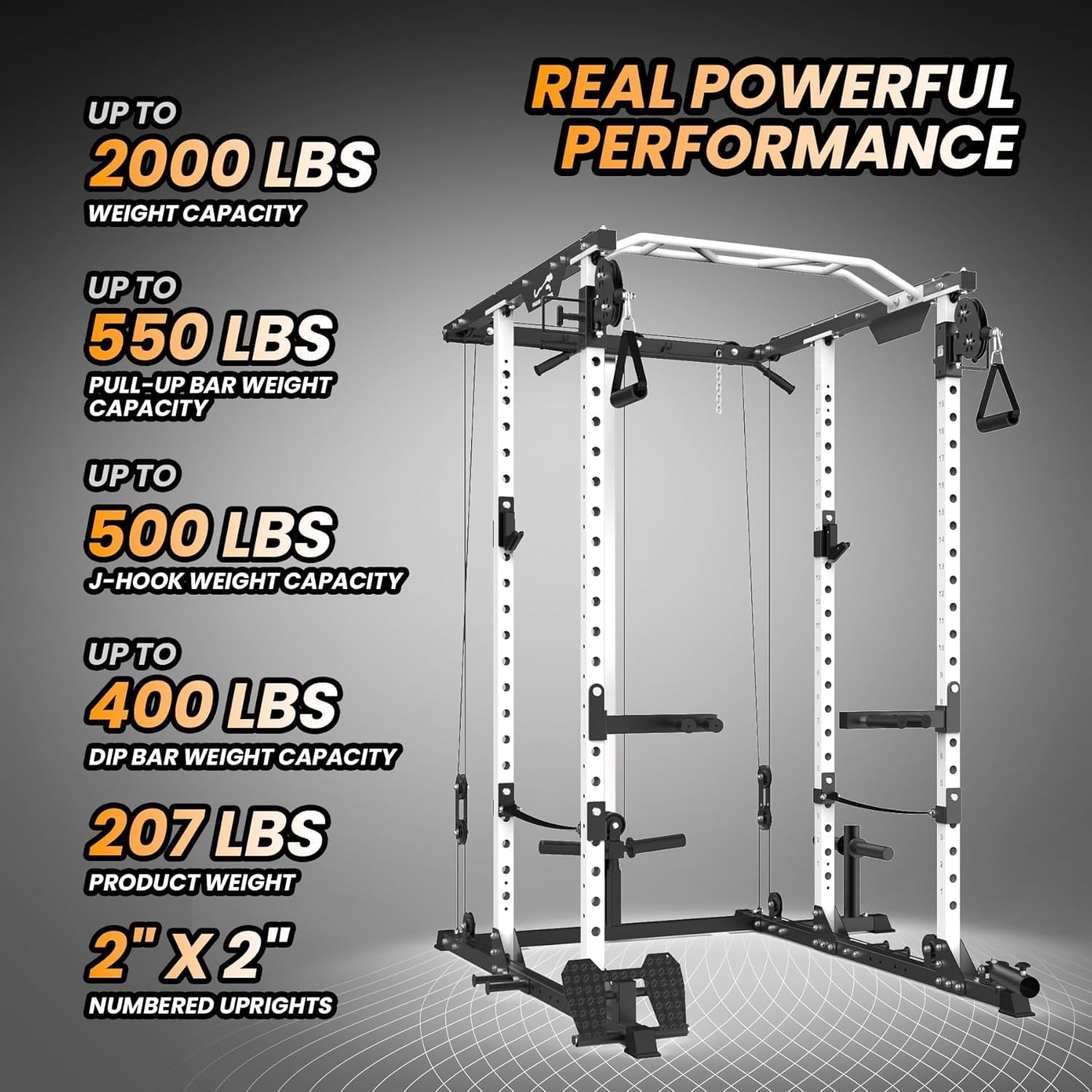 Hetoy Power Cage, Multi-Function Workout Cage with Cable Cross-Over System, Squat Rack Home Gym with LAT Pull Down System, Strength Training Squat Rack, Power Racks for Home Gym,White