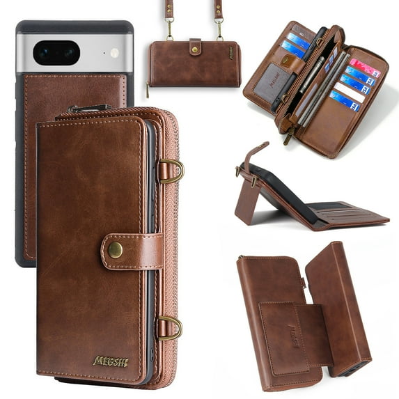 ELEHOLD for Google Pixel 7 Flip Leather Wallet Case Luxury Case with Large Capacity 13 Card Slots Zipper Pocket Kickstand Magnetic Detachable Case Crossbody Shoulder Strap Shockproof Protective,Brown