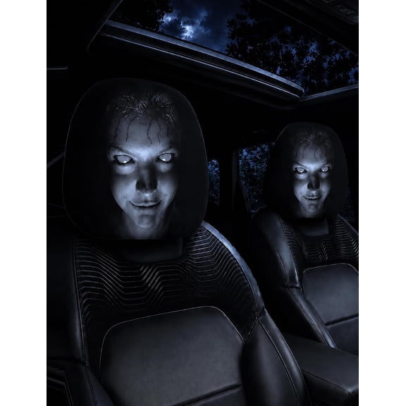 Ghost Face Headrest Covers, Scary Face Printing Auto Seat Universal Elastic Models Headrest Protector with Glowing-Eye Effects Cover Funny Decoration for Car Interior Vehicle Truck Suv (#L, 2PC)