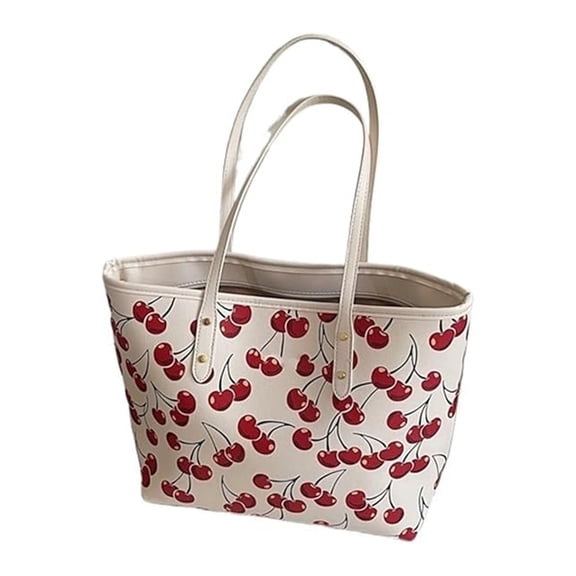 Cherry Print Faux Leather Tote Bag, Large Capacity Fashion Shoulder Handbag for Women