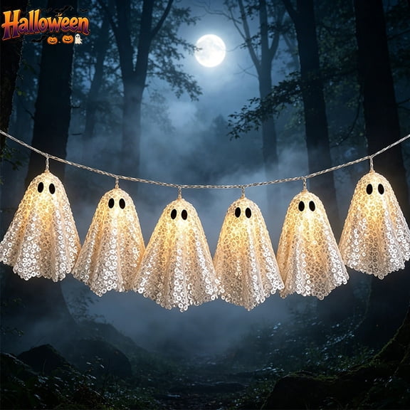 Qocolcyl 6.56FT 10 Count Sequin Ghost LED String Lights, Battery Operated Warm White Fabric Ghost Fairy Lights, Indoor Halloween Mantel Window Tree Wall Trick Or Treat Spooky Seasonal Party Decor