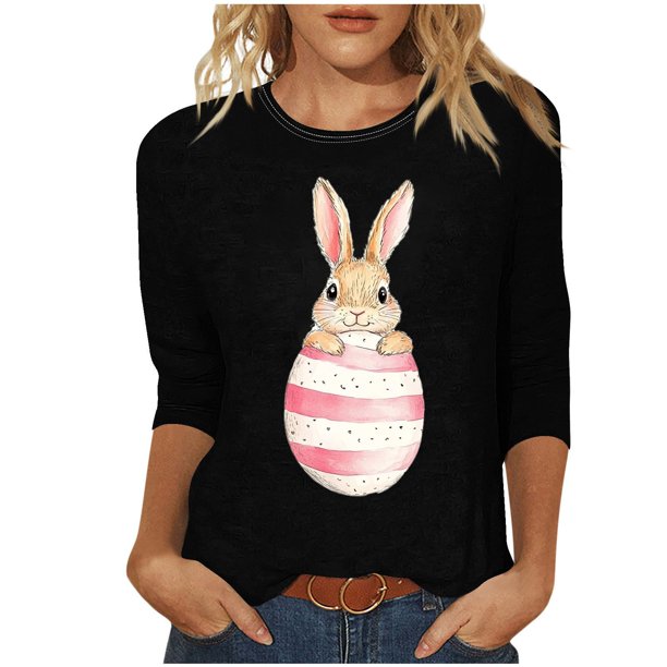 Tops de Cuello Redondo para las Mujeres Pascua Impresa 3/4 Mangas Blusa, Ligera Imitación Algodón Top Casual