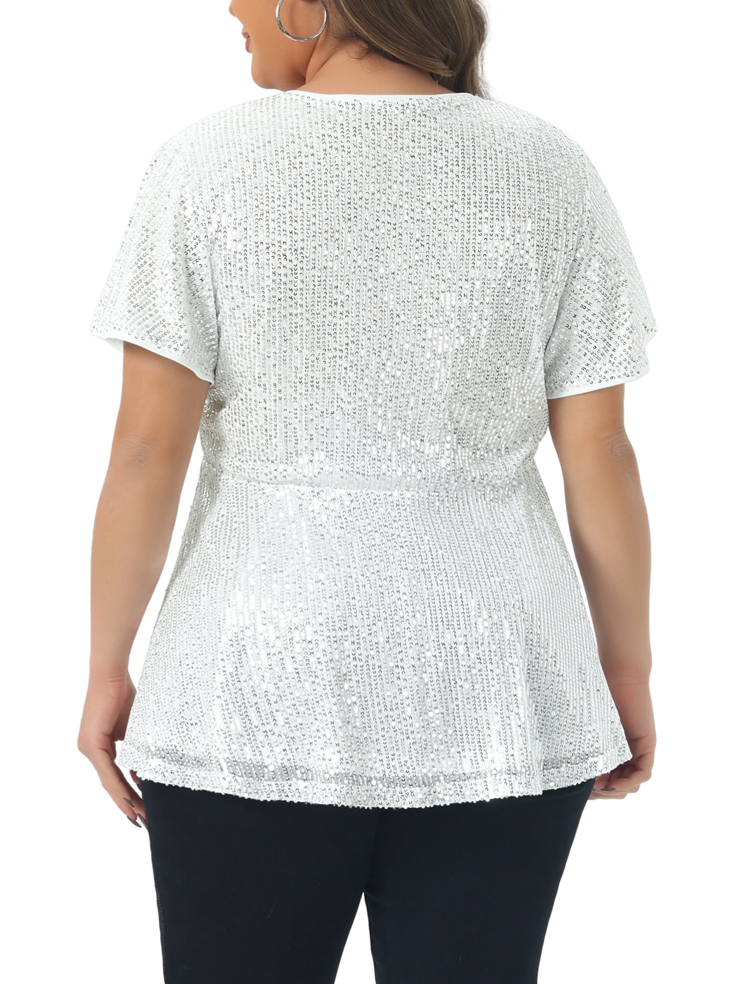 DARING DIVA Women's Plus Sequin V Neck Faux Wrap Metallic Shirt 2X Silver