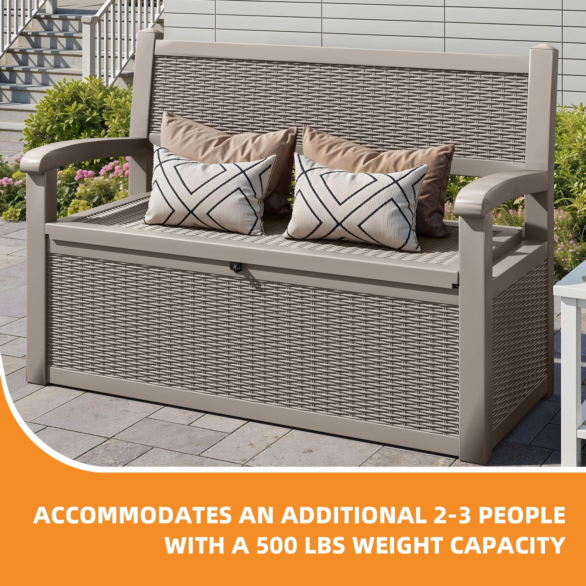 Uforic 70 Gallon Outdoor Storage Deck Bench with Armrests, Waterproof Lockable Storage Box for Patio, Garden, Pool & Porch, Light Brown