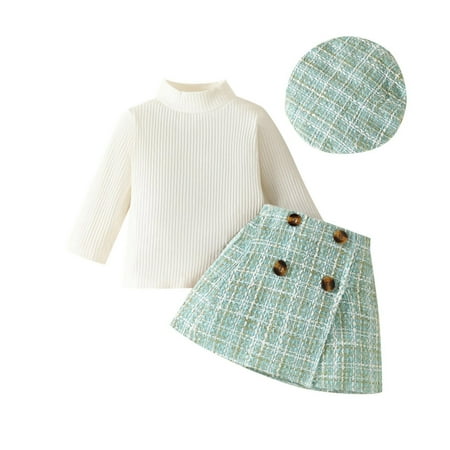 

Baby Girls Casual Outfit Sets Ribbed Long Sleeve Top Shirt And + Plaid Mini Skirt + Beret Sets Fall Winter Outfit Sets 3 Piece 18-24 Months