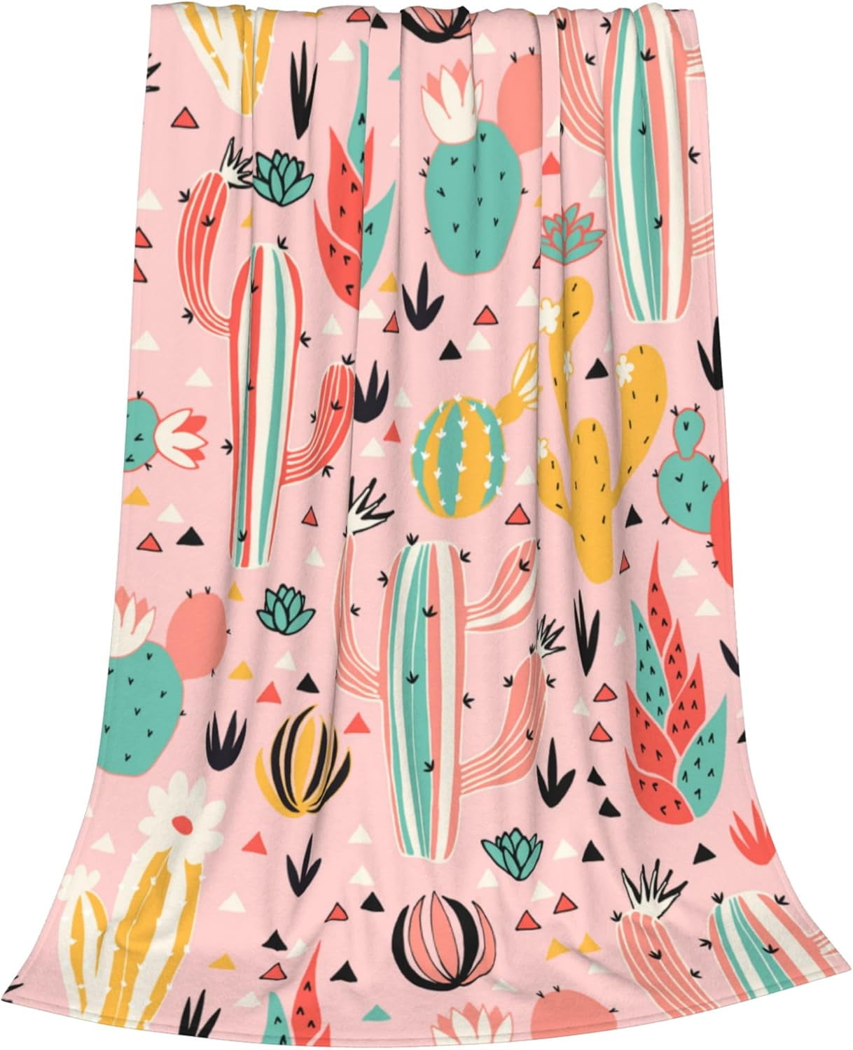 Pink Cactus Blanket for Adults Cute Cacti and Triangles Lovely Floral Flowers Throw Blankets Gifts Women Girls Lightweight Soft Fleece Cozy for Sofa Couch Bed Room Travel Party Decor 50x60in