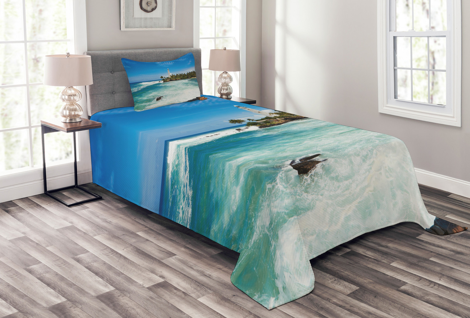 Lighthouse Bedspread Set Twin Size, Tropical Island Lighthouse with