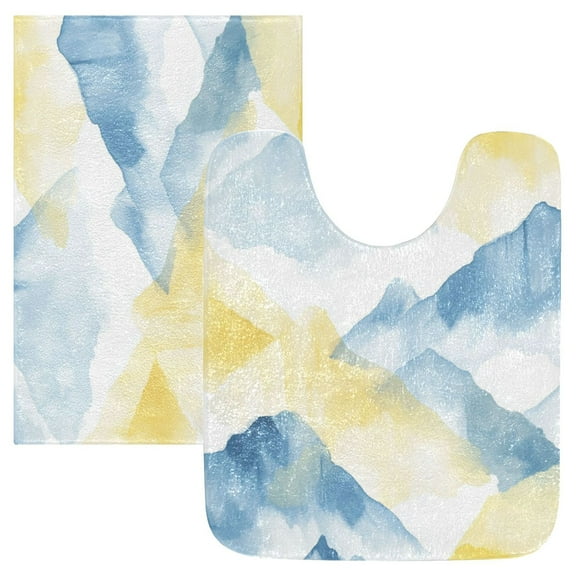 2 Piece Soft Bathroom Rug Set Light Blue and Yellow Mountain Bath Mat and U-Shaped Toilet Contour Rug (16"x24" 20"x24")