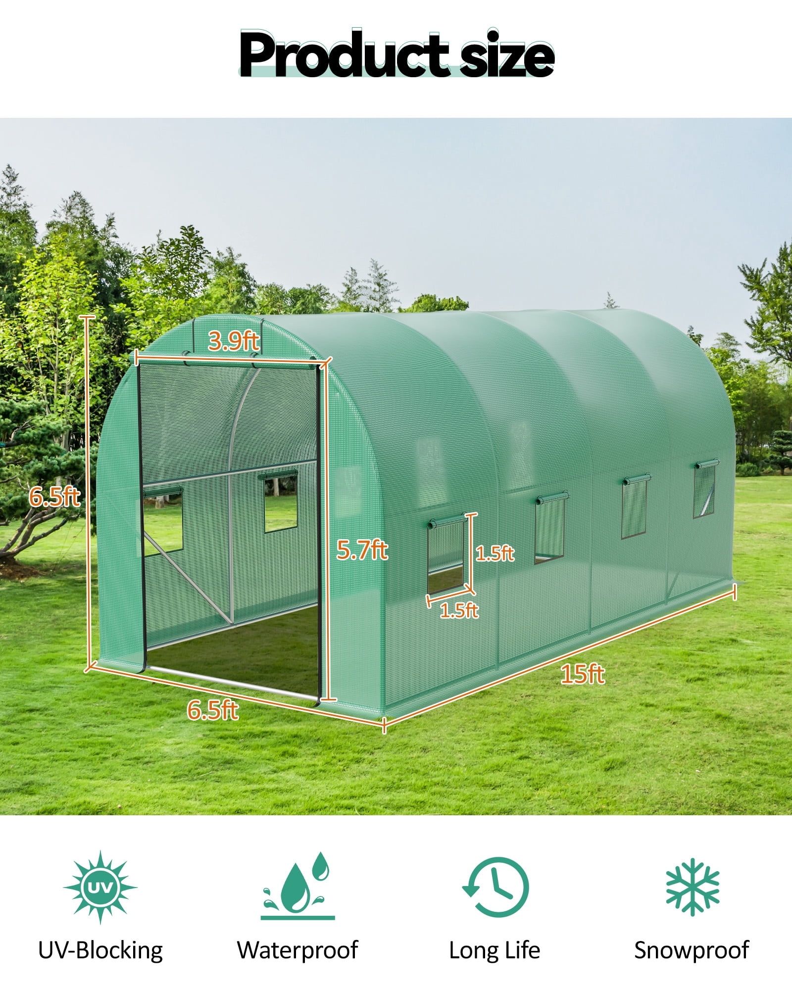 Accreate Walk-in Tunnel Greenhouse, 6.5 x 15 x 6.5 FT Large Outdoor Greenhouse with Door & Vent Windows, Heavy-Duty Frame and Green PE Cover for Backyard Gardening