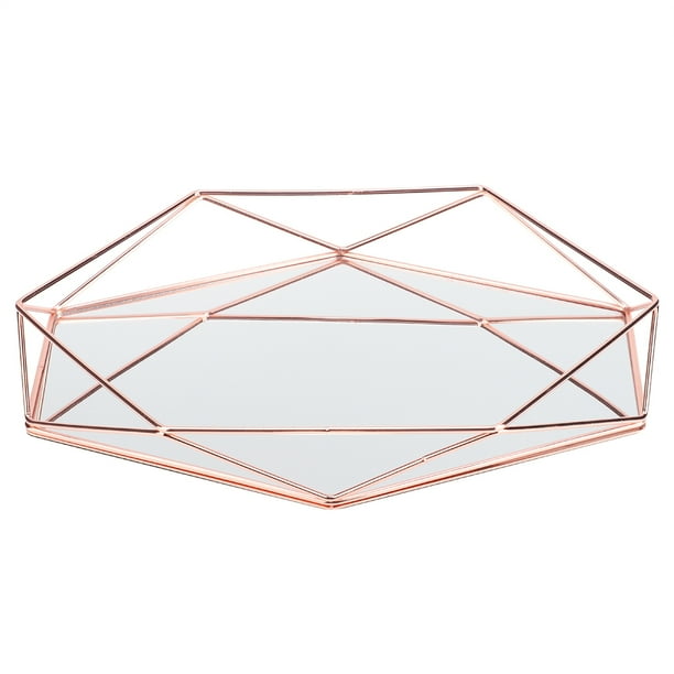 Bandeja organizadora de almacenamiento de joyas y cosméticos de metal dorado con espejo sexangular para baño