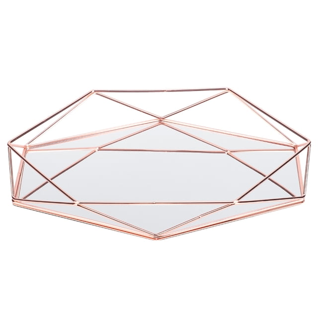 Bandeja organizadora de almacenamiento de joyas y cosméticos de metal dorado con espejo sexangular para baño
