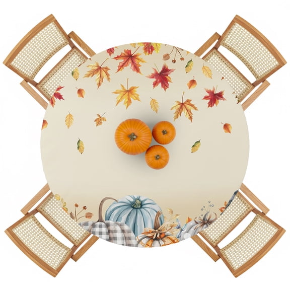Round Fitted Tablecloths with Elastic Edge Farm Pumpkin Fall Orange Maple Leaves Seamless Waterproof Table Cover for Kitchen Dining Party Decor Thanksgiving Sunflower Table Clothes,36" - 44"