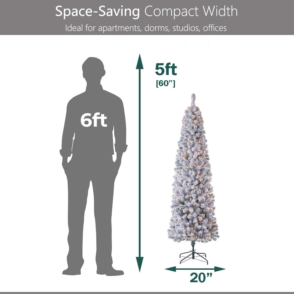 Abble 5FT Snow Flocked Artificial Slim Pencil Christmas Tree with LED Warm White Lights and Metal Stand