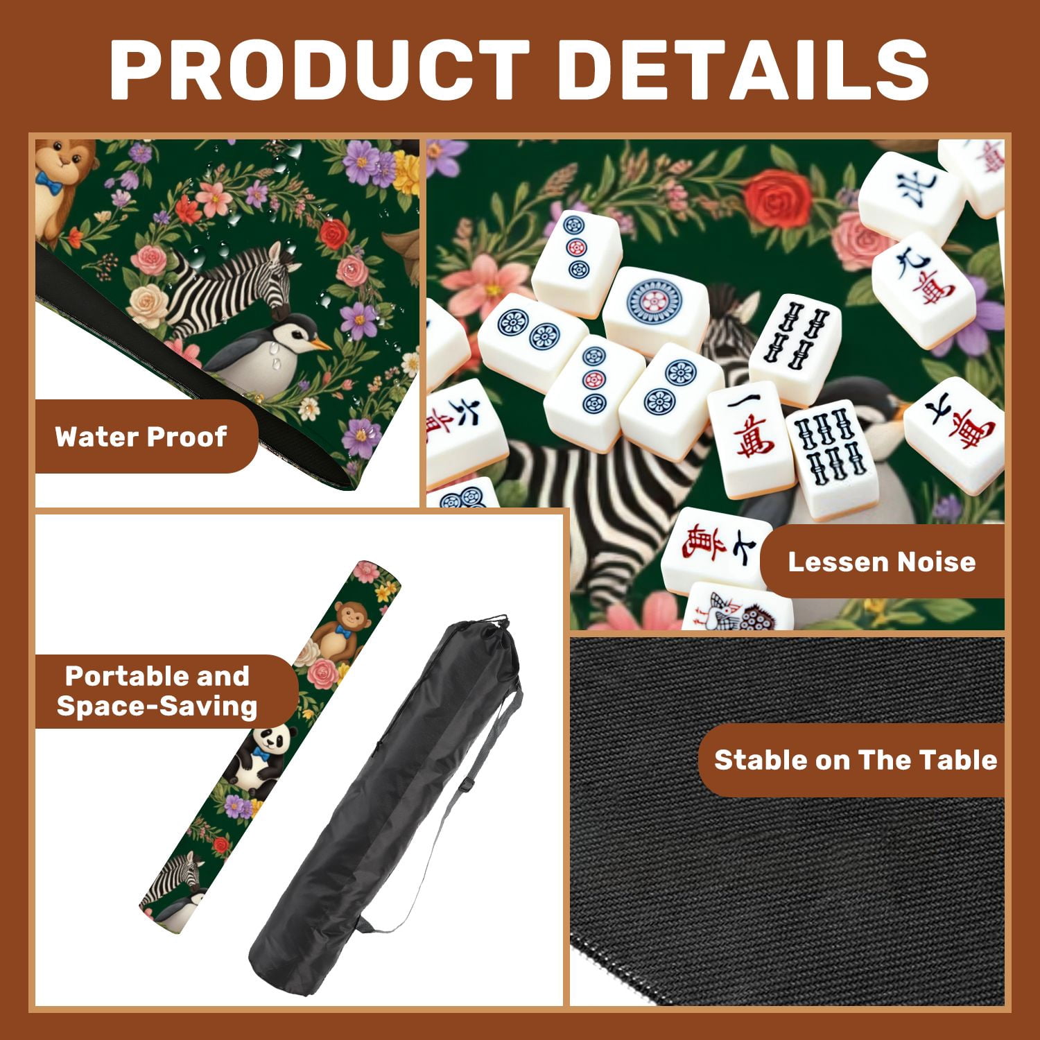 Mahjong Mat 31.5" x 31.5" Cute Animal Illustrations Floral Wreaths Dark Green Non-Slip Noise Reduction American Mahjong Tiles Table Cover for Dominoes Poker Card Board Games Gift