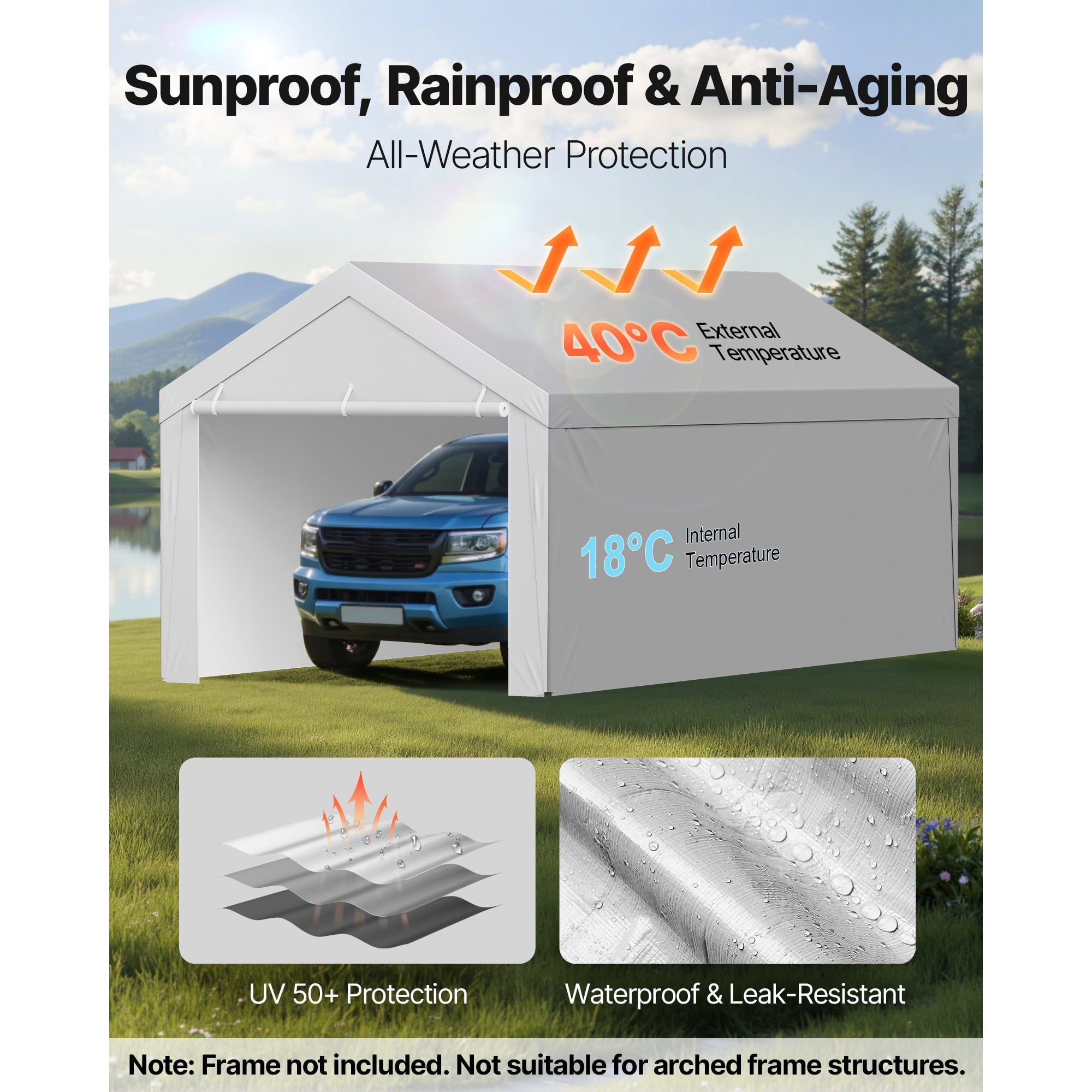 KFFKFF Carport Replacement Canopy, 12 x 20 ft Portable Garage Cover with Side Panels, UV-Resistant and Waterproof, Durable Car Shelter Tarp with Ball Bungees, Grey, Frame Not Included