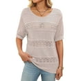 thumbnail image 2 of Womens Short Sleeve Sweaters Summer Round Neck Pullover Sweater Crochet Tops Oatmeal Color S, 2 of 9