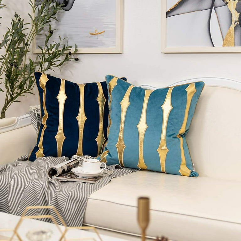 Light Blue and Gold Leather Velvet Throw Pillow Cover Striped