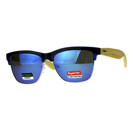 Mens Bamboo Wood Arm Half Horn Rim Color Mirror Sunglasses Blue