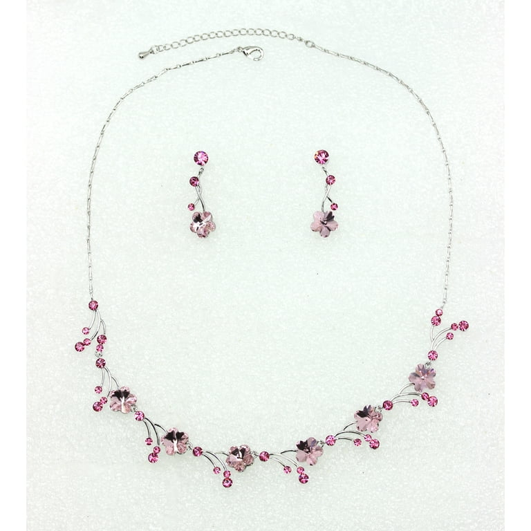 Faship Gorgeous Pink Swarovski Crystal Floral Necklace Earrings Set