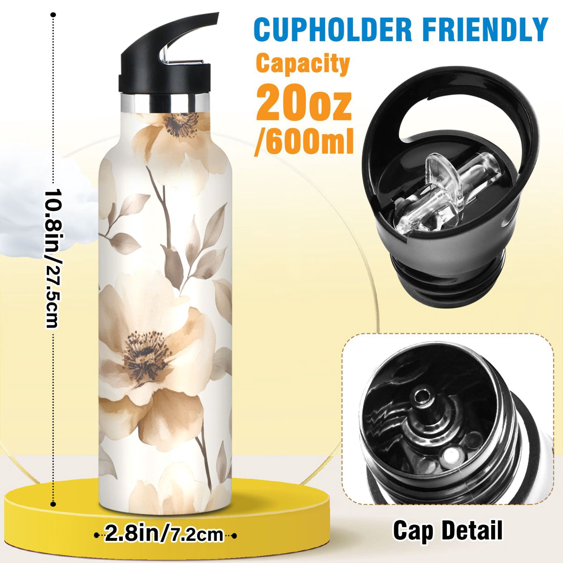 600ML Stainless Steel Insulated Cup Sports Water Bottle Portable Thermos Cup Water Glasses Insulated Tumblers Convenient and Durable Cream Flowers