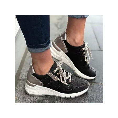 

UKAP Women Athletic Shoe Lace Up Sport Shoes Zipper Platform Sneaker Breathable Wedge Casual Sneakers Ladies Heighten Non-slip Black 11