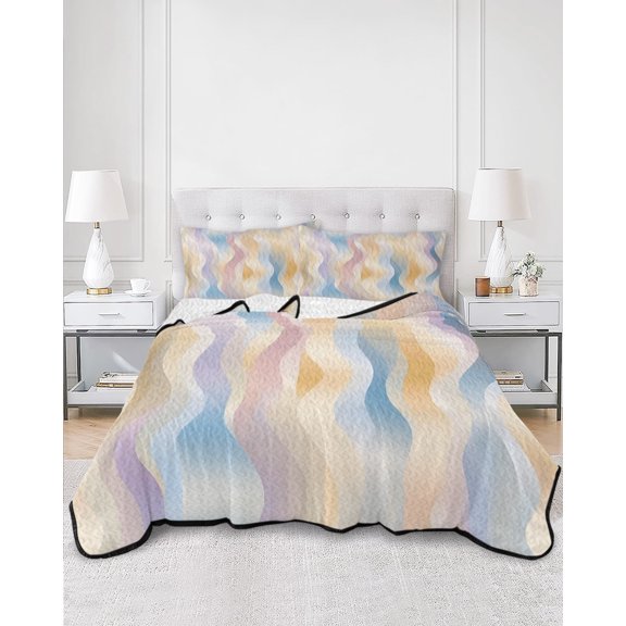 Twin Quilt Bedding Set Modern Abstract Watercolor Wavy Summer Quilt Lightweight Quilted Coverlet with 2 Pillow Shams, Ombre Wave Texture 3-Piece Bedspread Quilt Set for All Season
