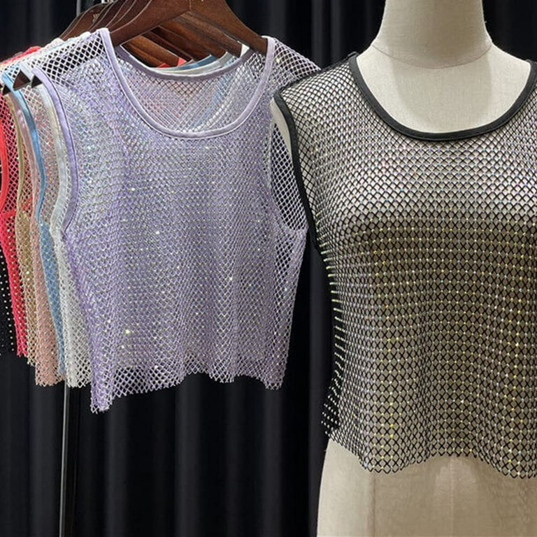 HAORUN Women Rhinestone Fishnet Mesh Tank Tops Glitter Shiny