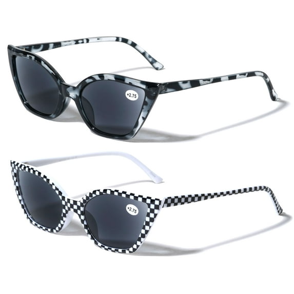 2 Pairs Women Pointed Tip Cat Eye Outdoor Reading SunGlasses - Tinted UV Protection Readers Glasses +1.75