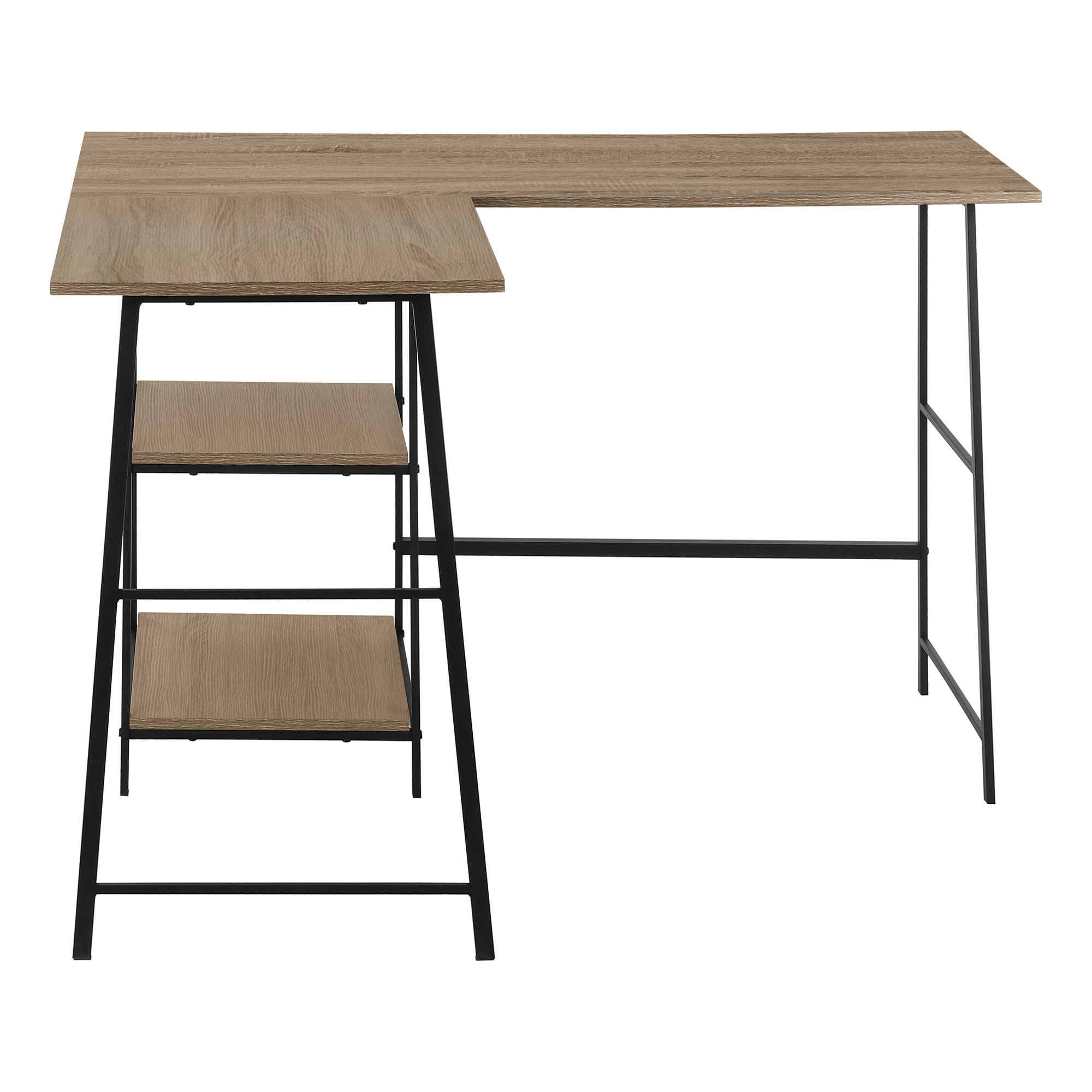 48 Inch L Shaped Dark Taupe Computer Desk with Black Sawhorse Legs and Shelves