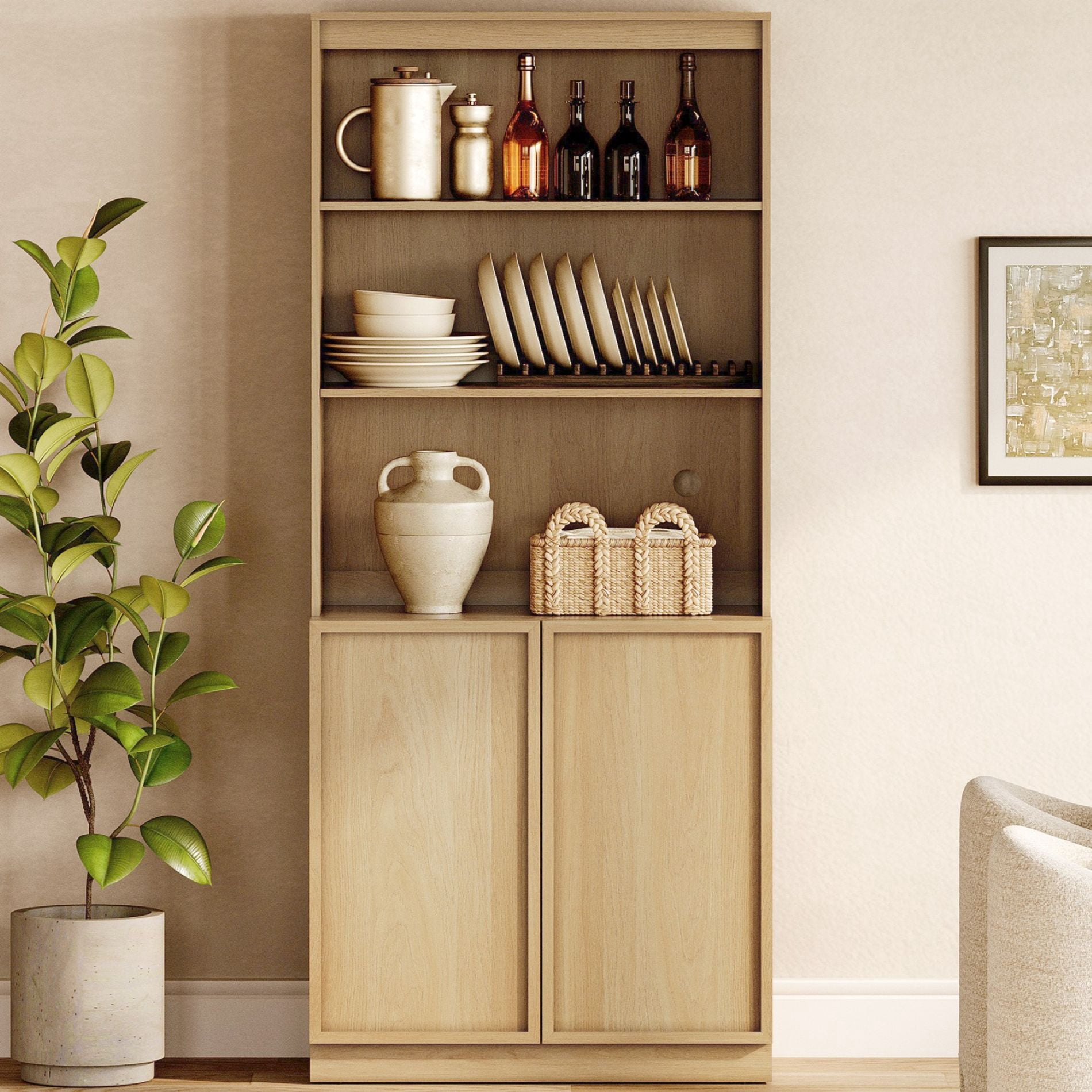 Modern Wood Sideboard Buffet with Doors & Adjustable Shelves, 72" Tall Storage Cabinet for Dining Room Kitchen,Oak