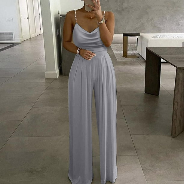 Pntutb Mujer Casual Color Sólido Largo Playsuit Loose Lady Pearl Suspender Mono Pntutb Pntutb-40