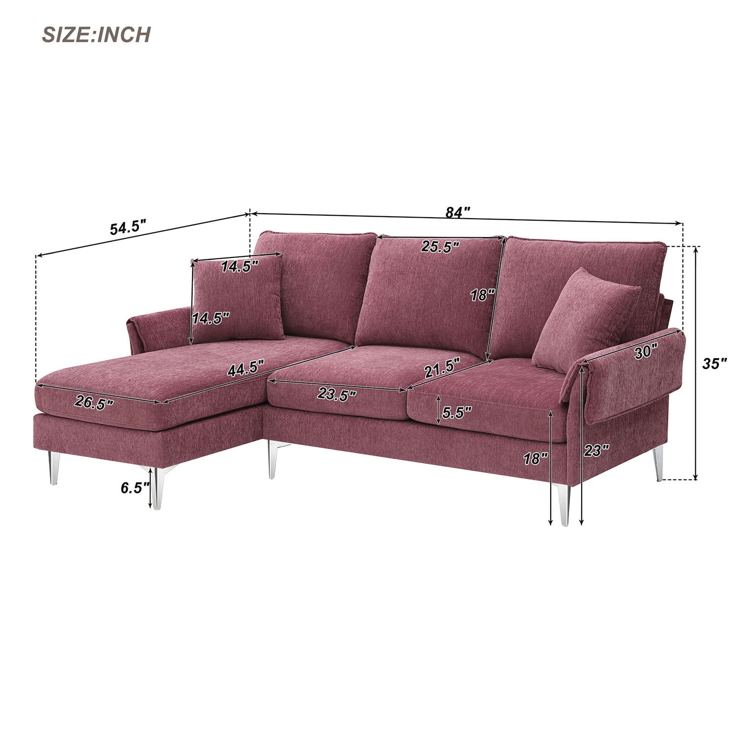 Kadyn 84 " Convertible Sectional Sofa, Modern Chenille L-Shaped Sofa Couch with Reversible Chaise Lounge and Pillows , Fabric Sofa for Living Room, Pink