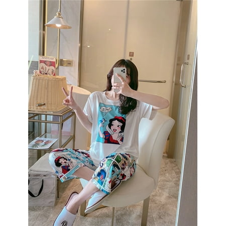 

New Homewear Short Sleeve Pajamas Set Cute Leisure Women Sleepwear 2Pcs Nightwear for Women Nightwear Long Loose Waist Pant