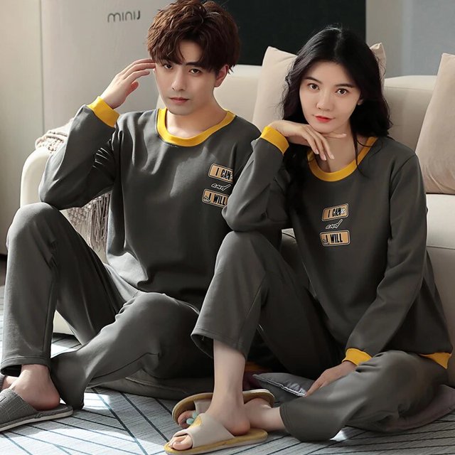 Conjunto de pijamas de dibujos animados para hombre y Mujer, ropa de dormir de algodón para parejas, Tops largos para dormir, pantalones, otoño y primavera