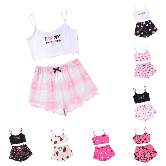 RMGVDSD Womens Cami Pajama Set Heart Printed Camisoles Sleepwear Sleeveless Crop Top and Shorts Set Soft Comfy Nightwear Women's Pajamas Set