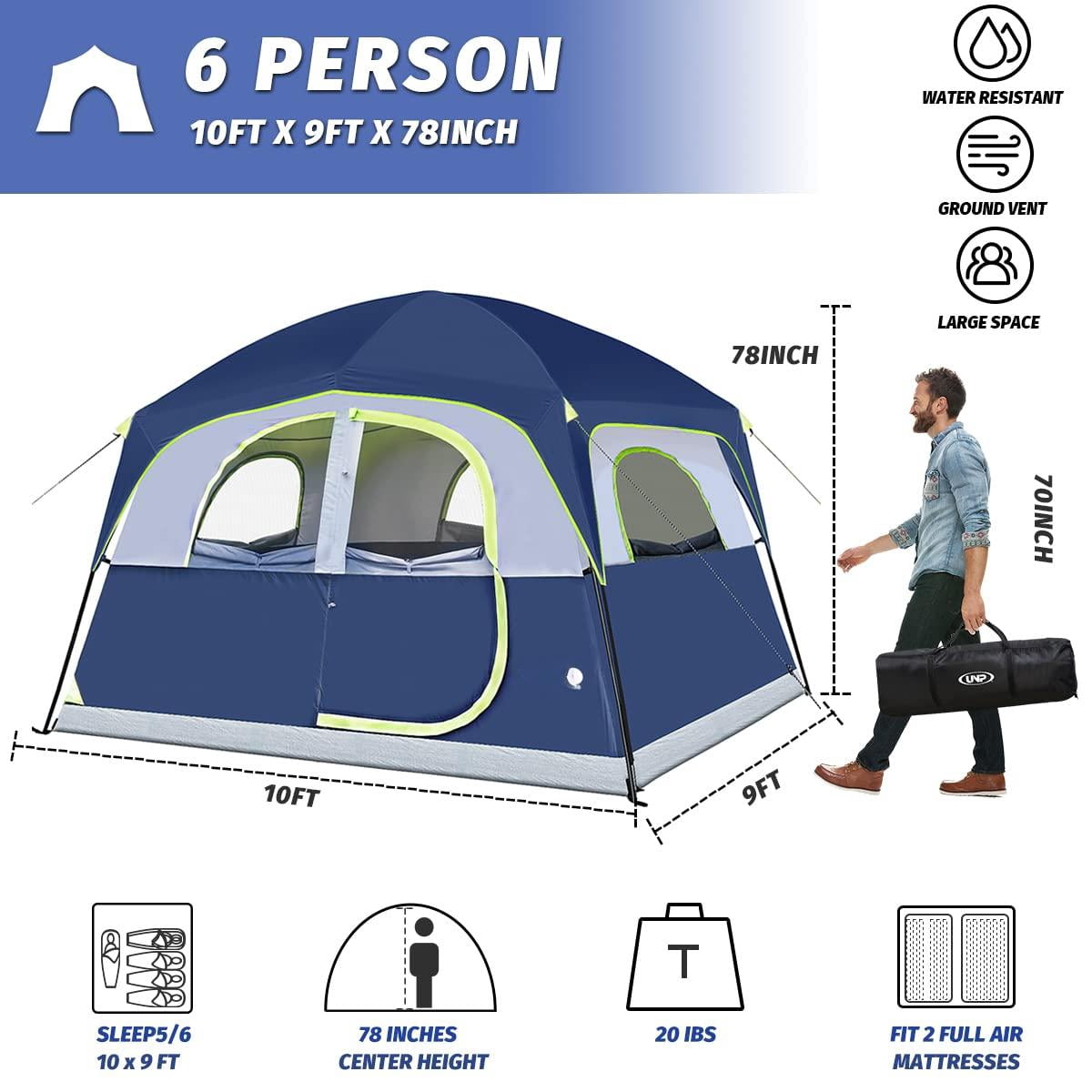 Tents 6 Person Waterproof Windproof Easy Setup Double Layer Family Camping Tent With 1 Mesh Door & 5 Large Windows -10'x9'x78in(h)
