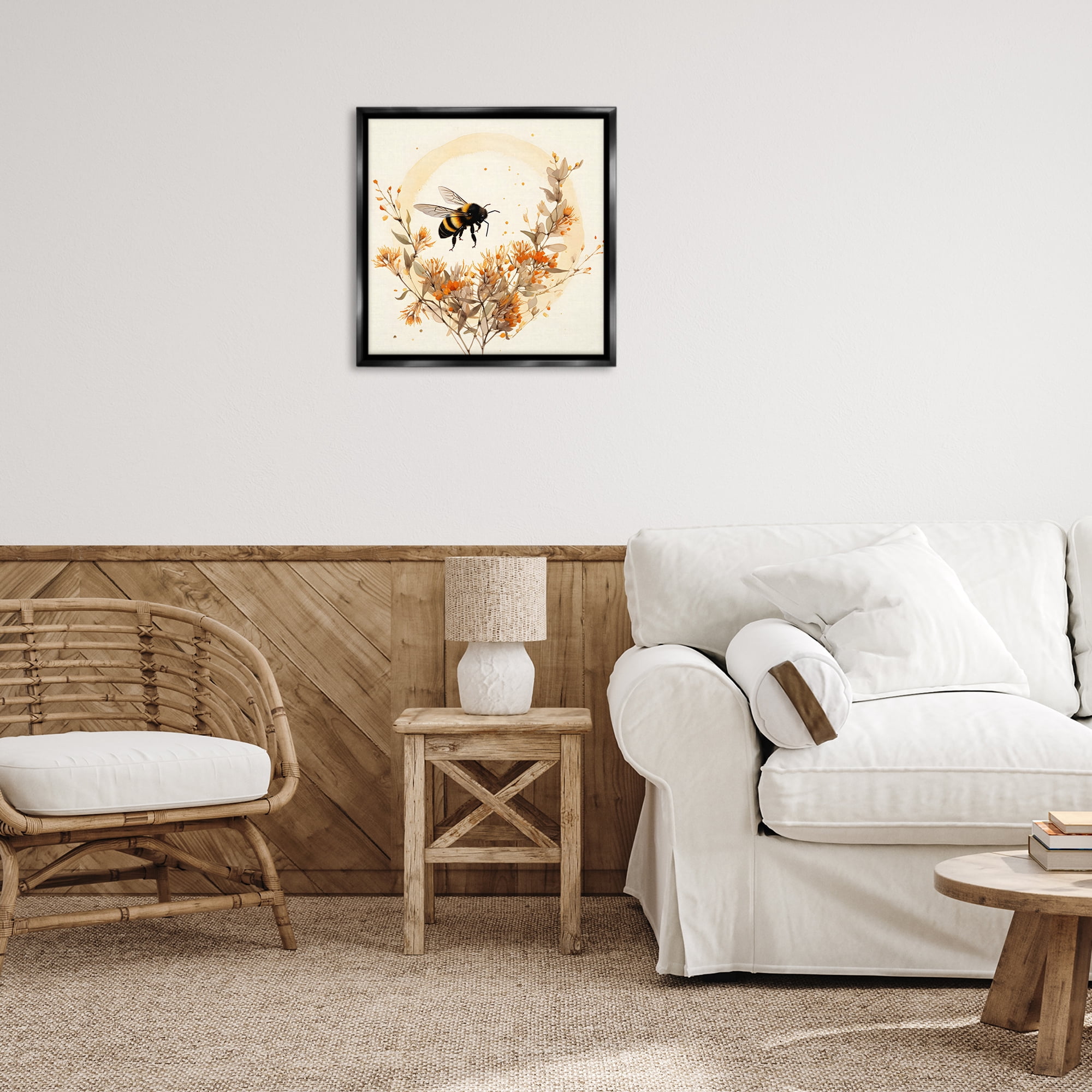 Stupell Industries Bee Florals View Animals & Insects Painting Black Floater Framed Canvas Art Print Wall Art, 25 x 25