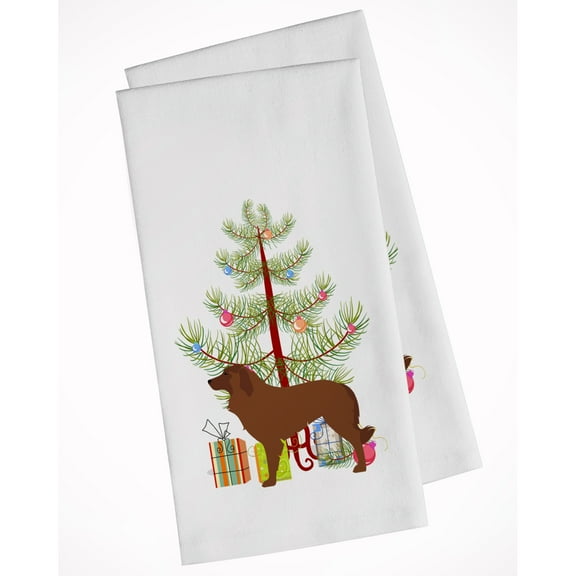 Portuguese Sheepdog Dog Merry Christmas Tree White Kitchen Towel Set of 2 Dish Towels