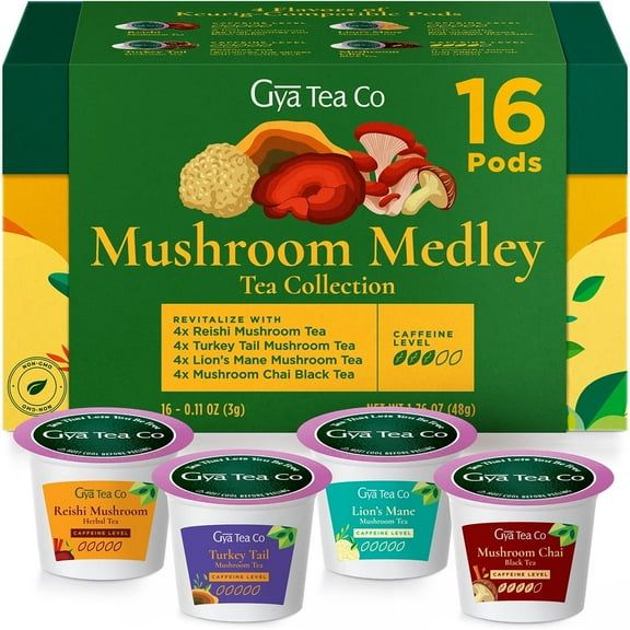 Gya Tea Co Mushroom Medley Collection Tea Gift Set (16 ct) - Tea Pod Assorted Variety Pack with Reishi, Lion's Mane, Turkey Tail, Chai for Nourish & Wellness