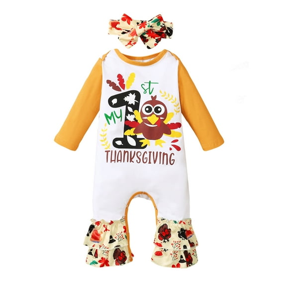 Franhais Baby Girls Thanksgiving Day Outfits, Long Sleeve Bell-Bottom Jumpsuit + Headband Set