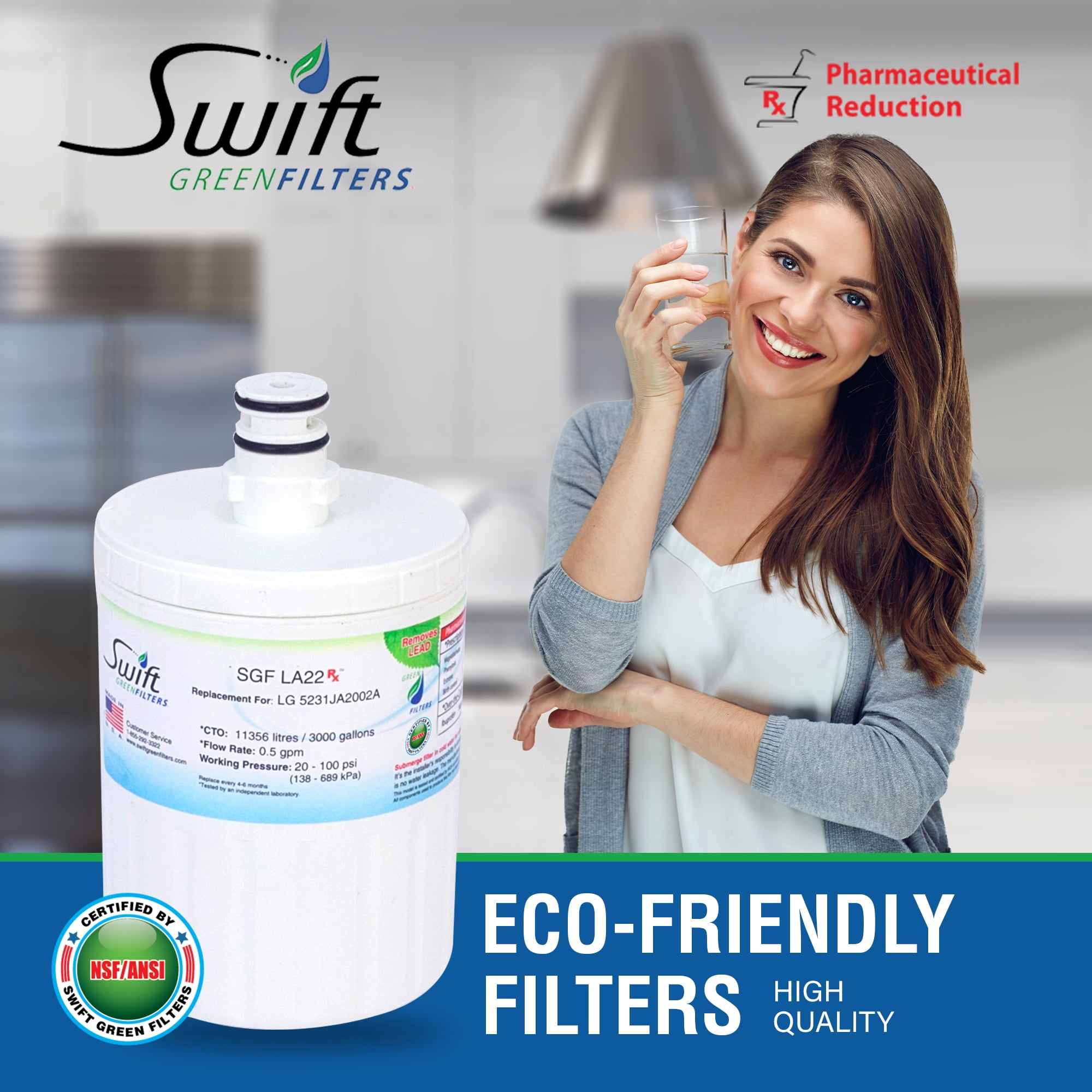 Swift Green Filters SGF-LA22 Rx Compatible Refrigerator Water Filter for LT500P, 5231JA2002A(2 Pack)