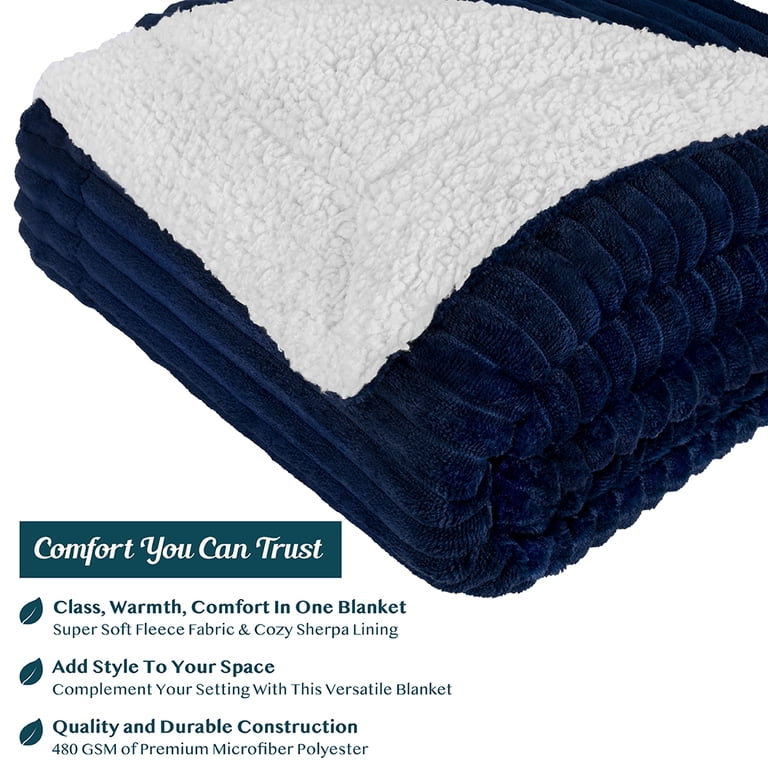 Pavilia Reversible Sherpa Fleece Throw, Navy 60x80 photo 4