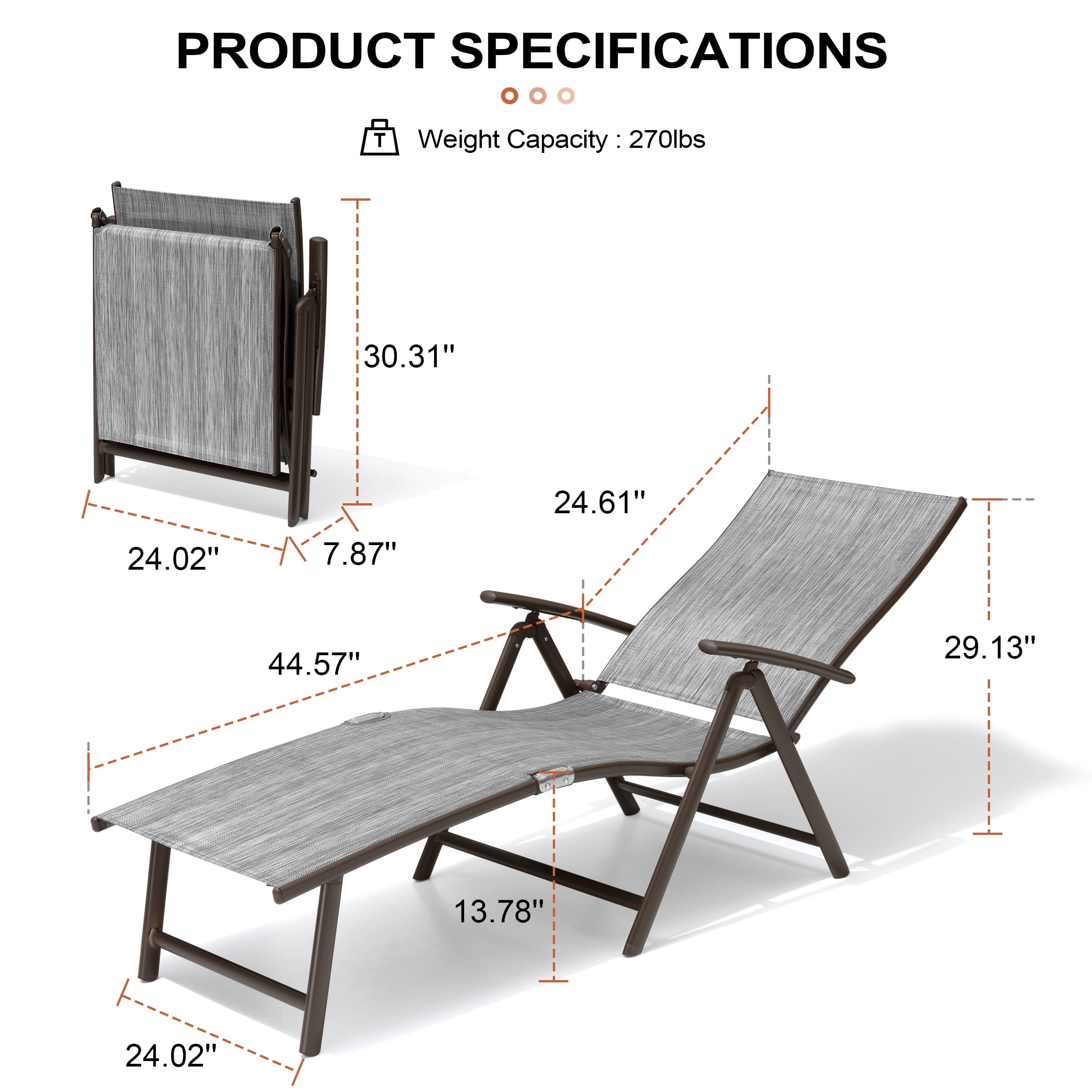 Crestlive Products 2-Pack Outdoor Folding Chaise Lounge Chairs, Adjustable Patio Reclining Chairs with Aluminum Frame, No Assembly Portable Pool Lounge Chairs, Black&Gray