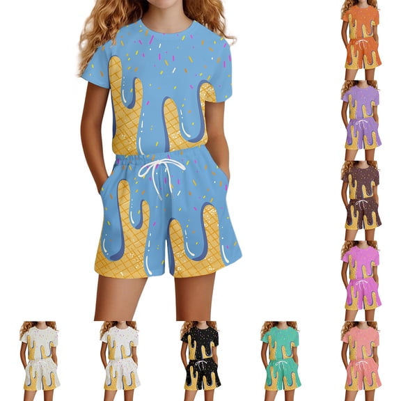 LRen Girls Outfits Size 14-16 Cute Print Short Sleeve T-Shirt & Shorts Set Crewneck Casual Activewear Clothing Set for Girls Preppy Clothes