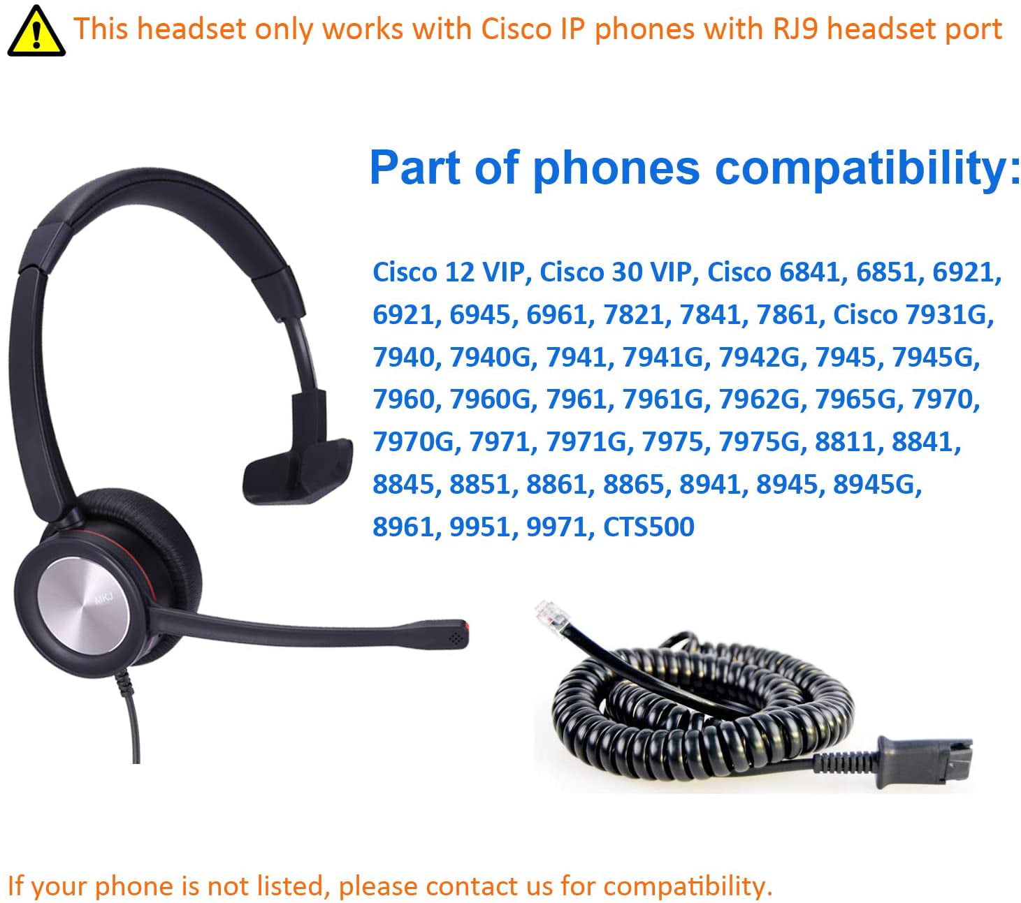 MKJ Office Headset for Cisco Phones Corded RJ9 Telephone Headset with Noise Cancelling Microphone for Cisco CP-7821 7841 6945 7941G 7942G 7945G 7962G 7965G 7970 7971G 7975G 8841 8865 8851 9975 etc 