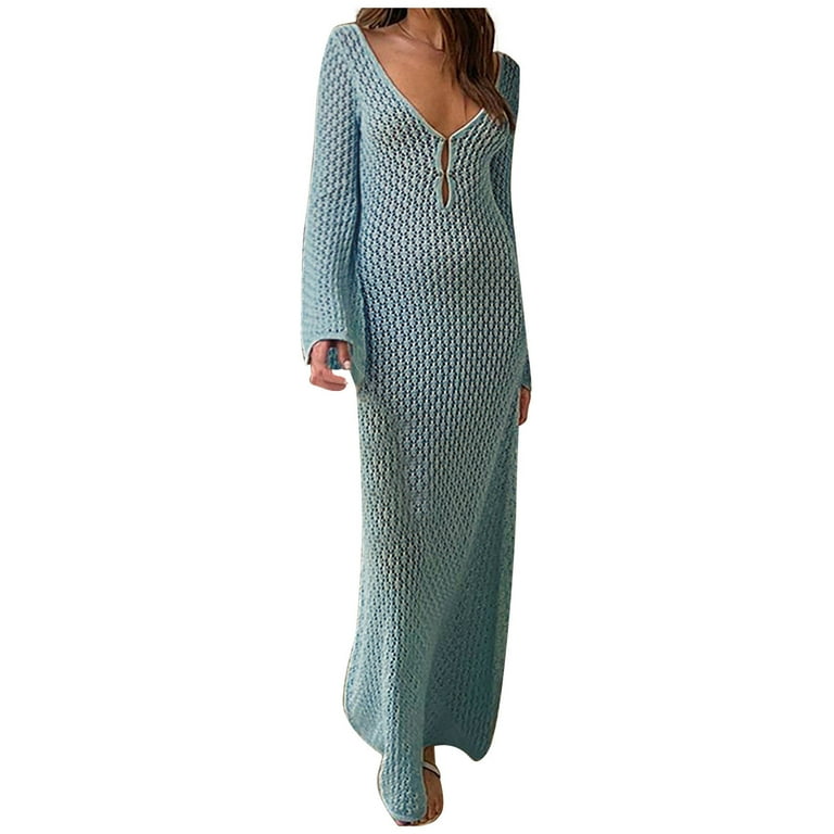 Crochet Knit Dress for Women Maxi Long Sleeve Sexy Hollow Out Bikini  Swimsuit Cover Up Fitted Fall Casual Dress (L, Light Blue) - Walmart.com